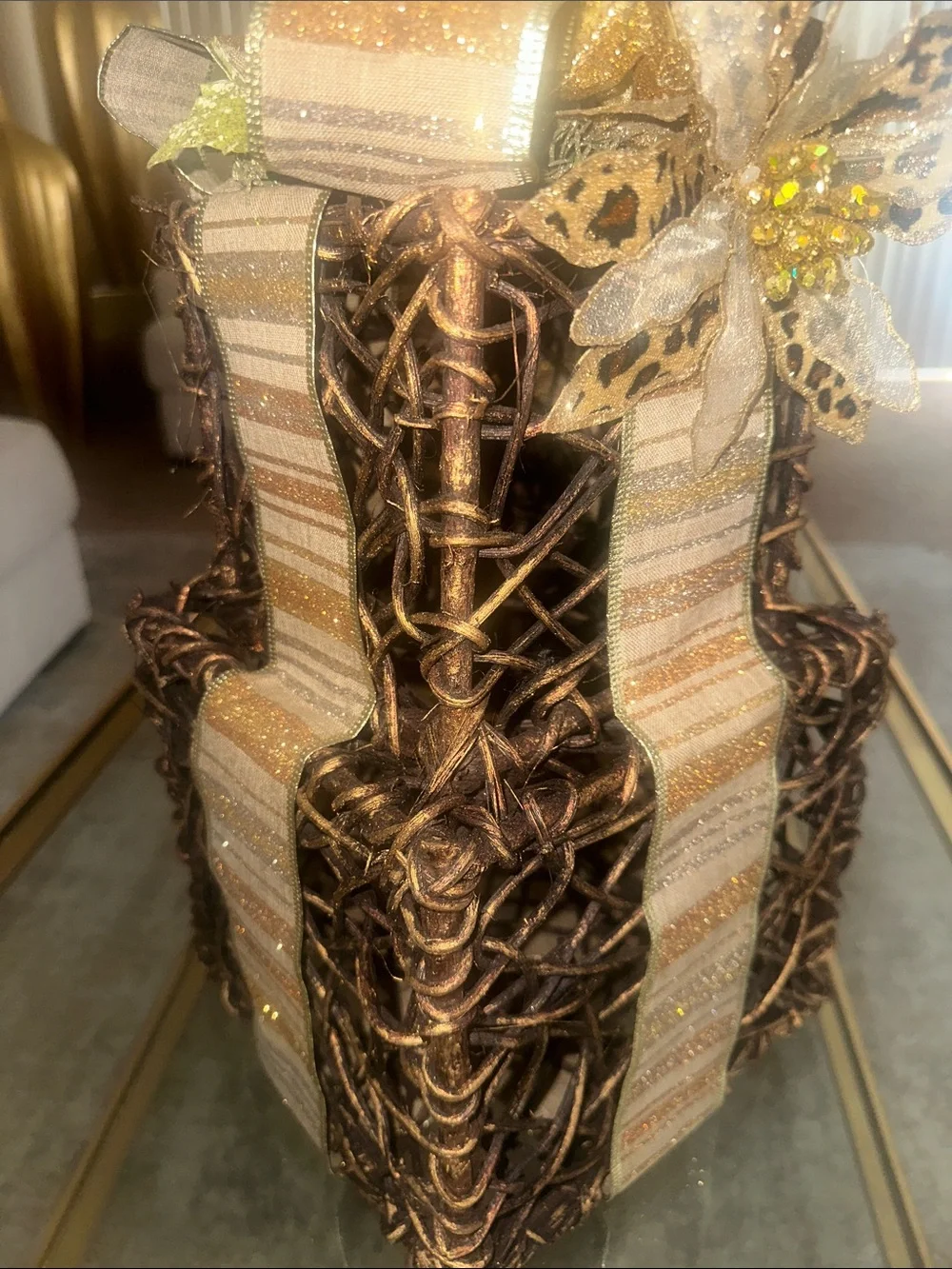 Elegant Gold and Brown wood Woven Decor Christmas gift box w/ Leopard Poinsetti